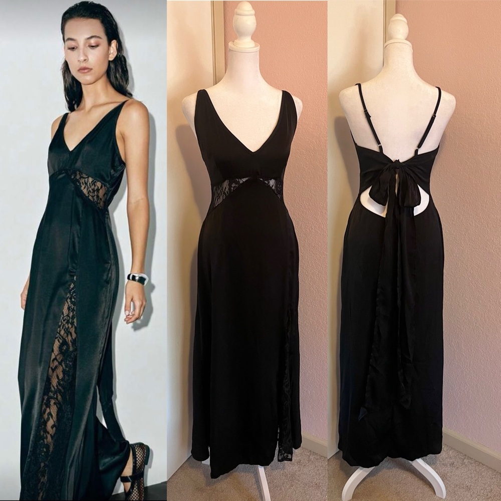 Black Backless Tie Lace Cut-Out Silky Slip Dress